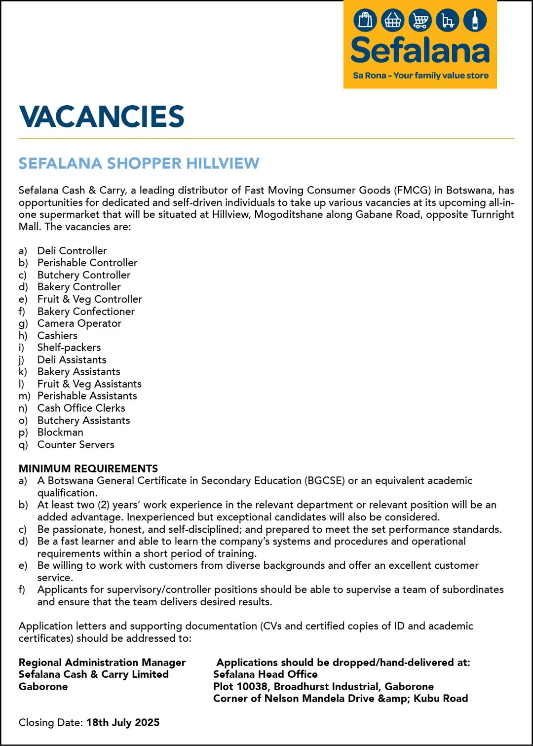 Sefalana Cash and Carry multiple positions available