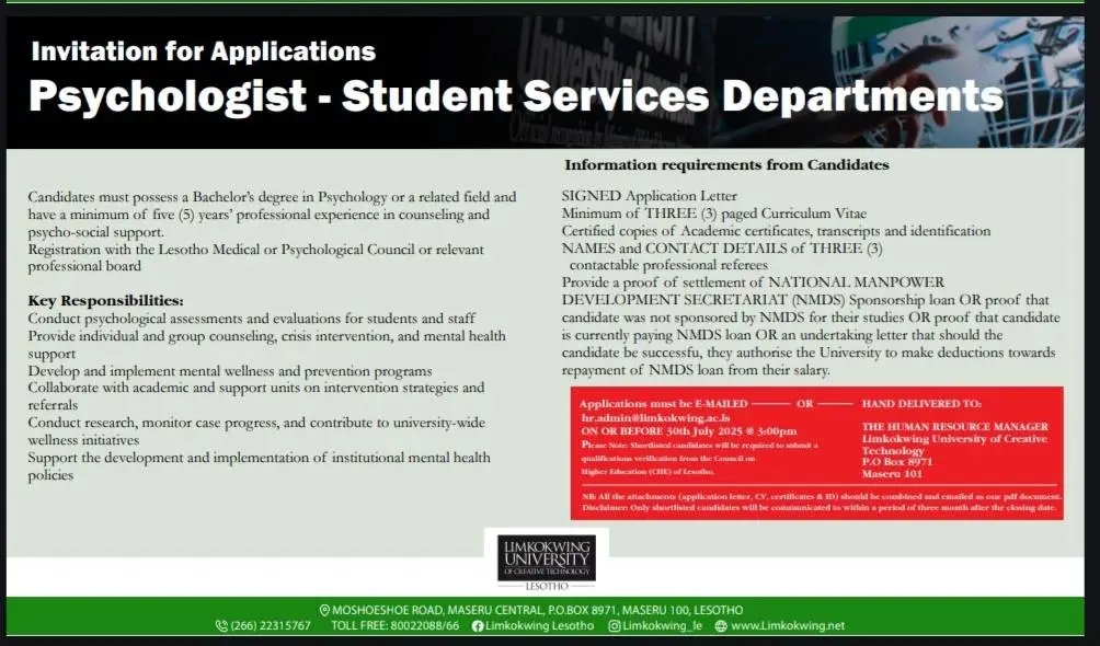 Psychologist in the Student Services Department - LIMKOKWING UNIVERSITY OF CREATIVE TECHNOLOGY