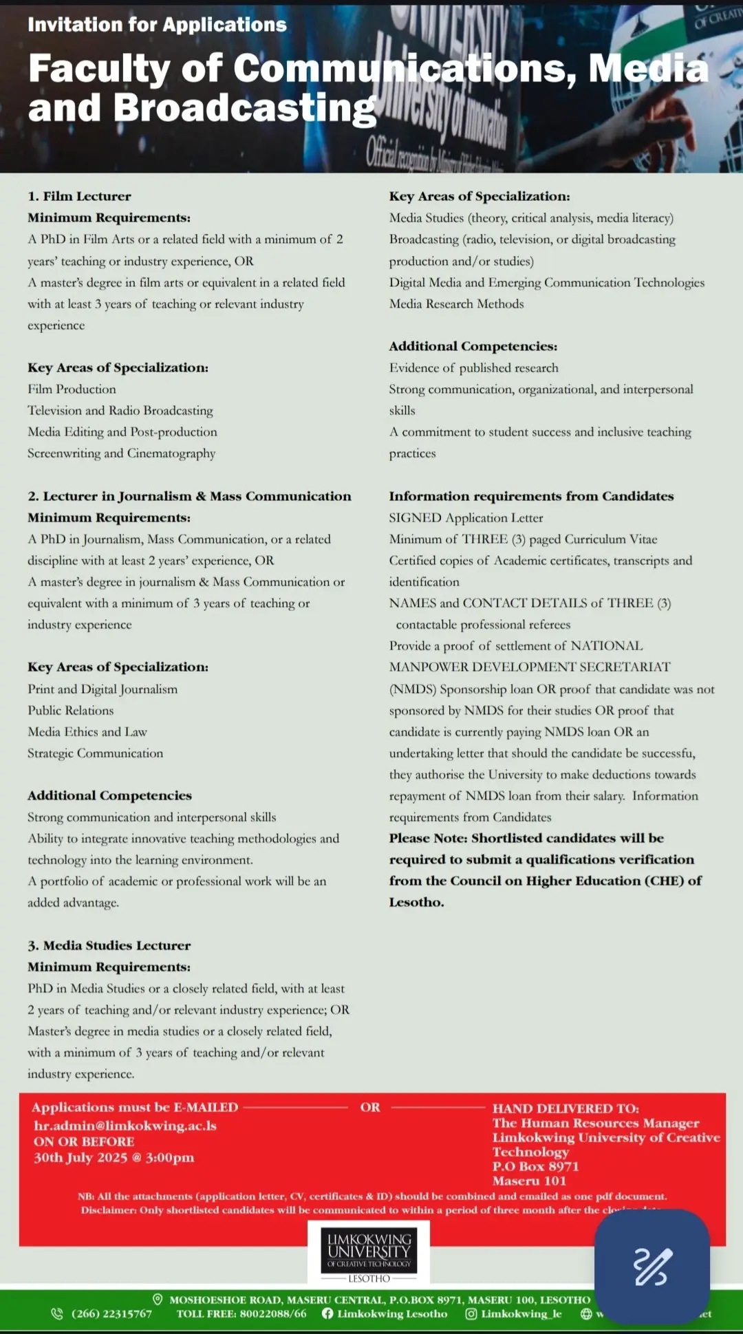 Film Lecturer, Lecturer in Journalism & Mass Communication, Media Studies Lecturer - LIMKOKWING UNIVERSITY OF CREATIVE TECHNOLOGY