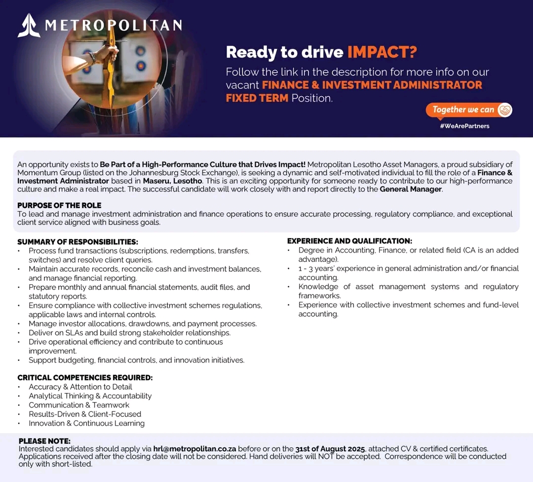 Metropolitan Lesotho - Finance  and Investment Administrator