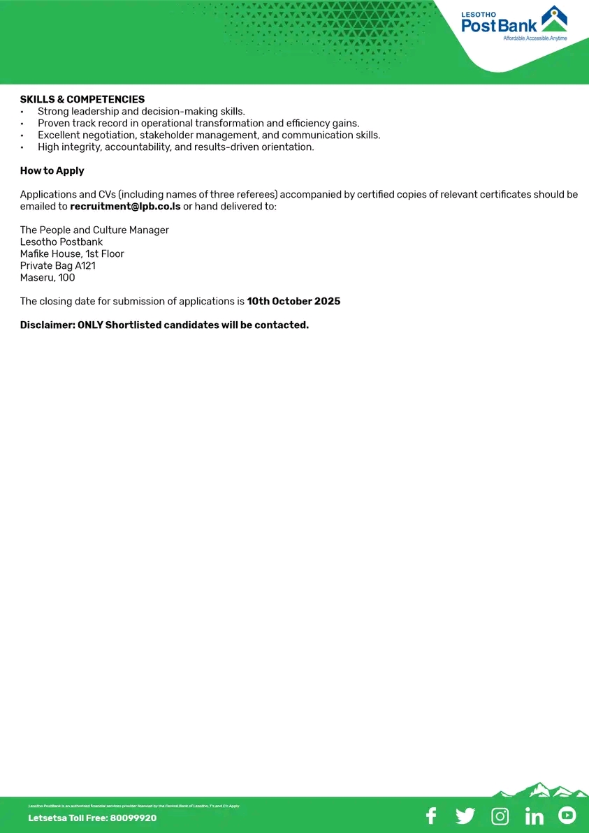 Lesotho PostBank - Chief Operations Officer