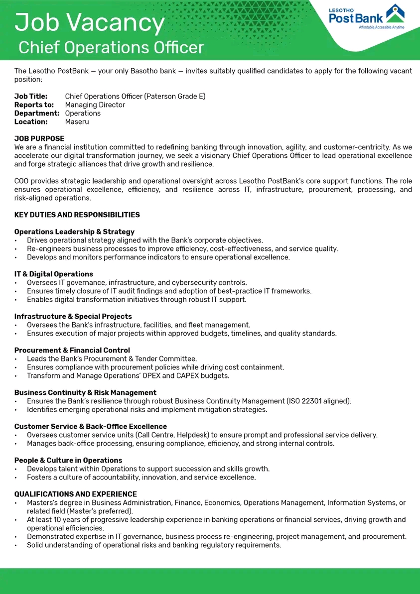 Lesotho PostBank - Chief Operations Officer