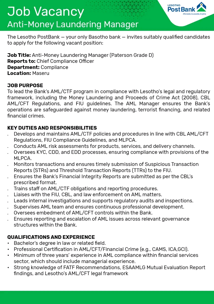 Lesotho PostBank - Anti-Money Laundering Manager