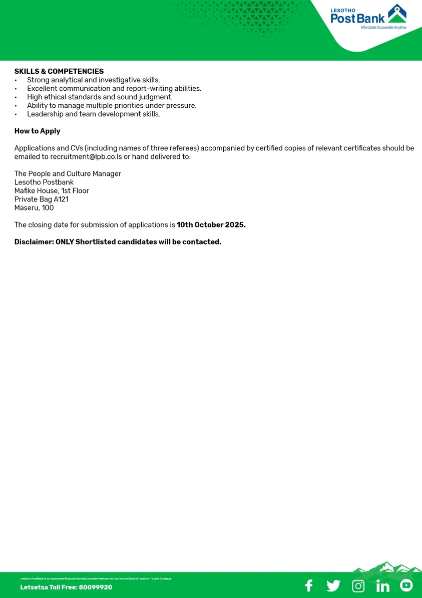 Lesotho PostBank - Anti-Money Laundering Manager